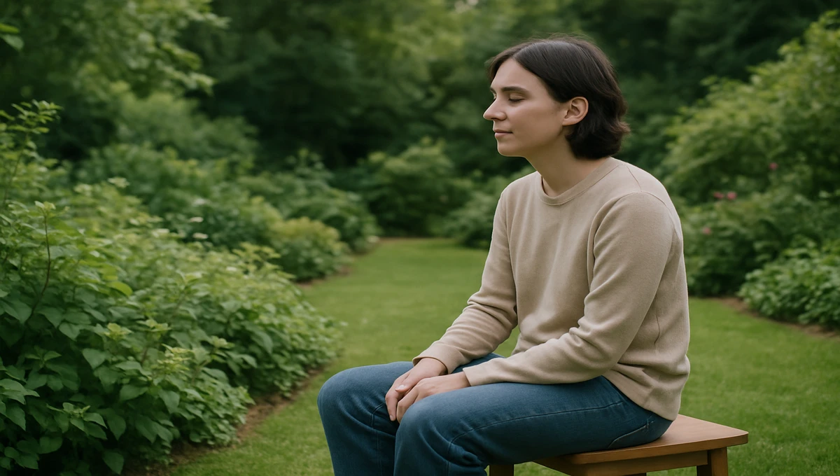 A person sitting on a small bench in a garden, simply observing the plants and enjoying the peace.