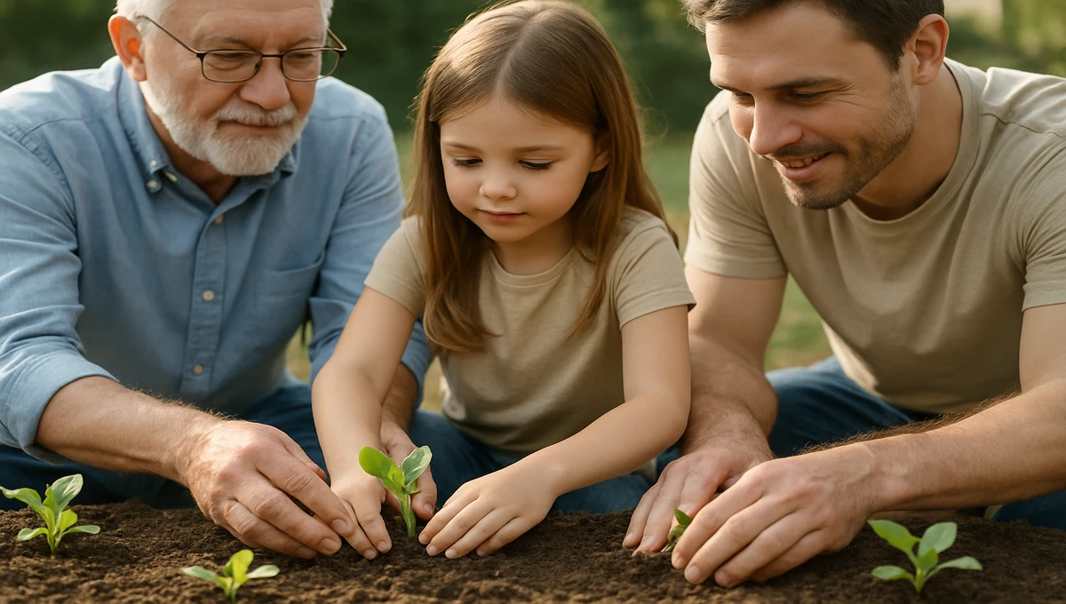 A multi-generational family planting seedlings together in a garden.