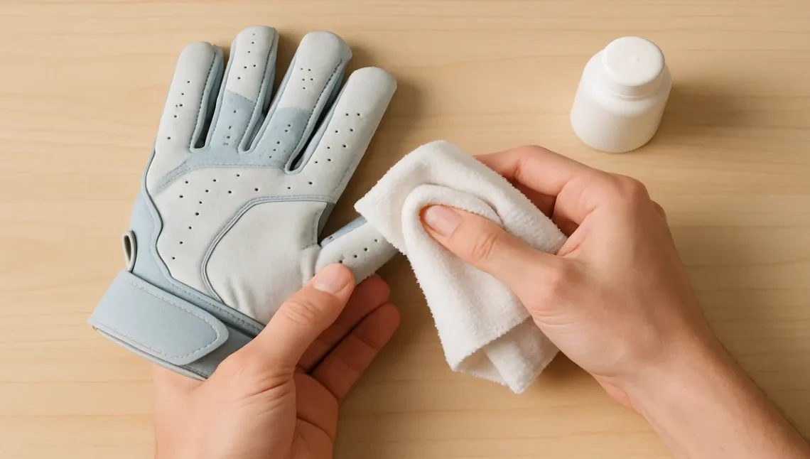 The Perfect Grip: Your Guide to Customizing Football Gloves for Peak Performance 1 A pair of football gloves being cleaned and adjusted on a table.