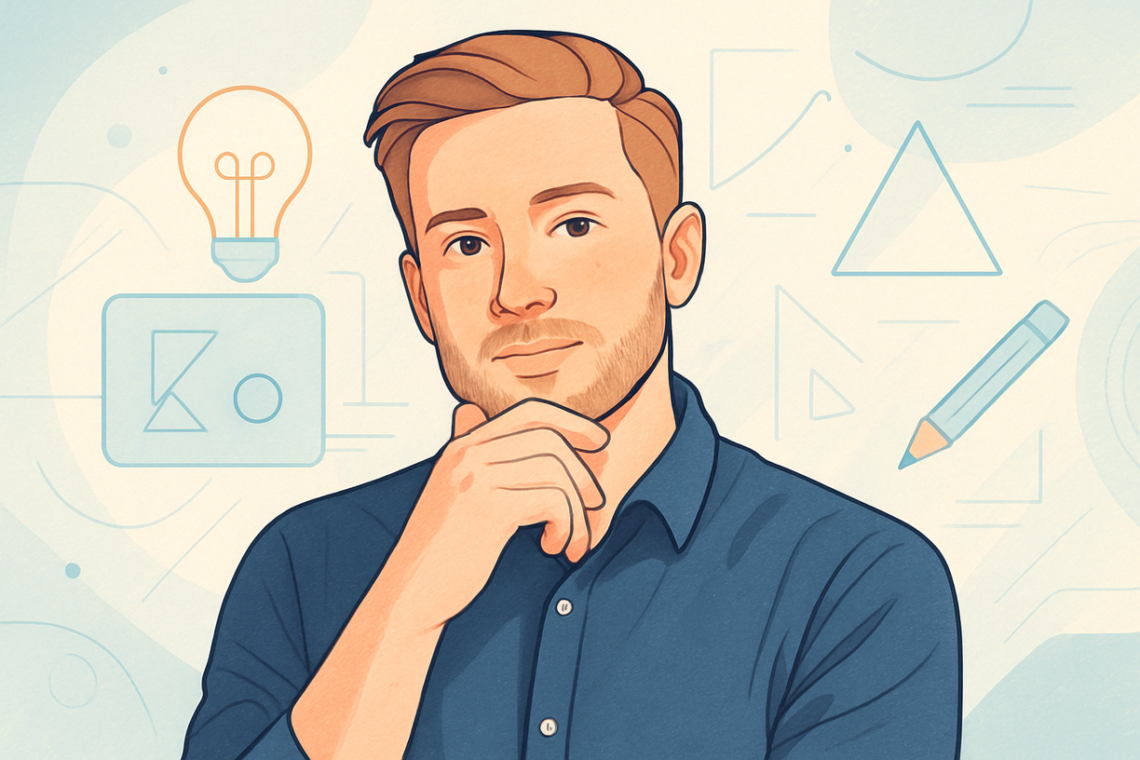 Portrait-style illustration of designer Jackson Hedden with modern design elements in the background