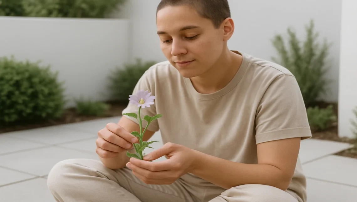 A person relaxing in a garden while tending to plants.