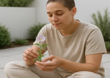 A person relaxing in a garden while tending to plants.