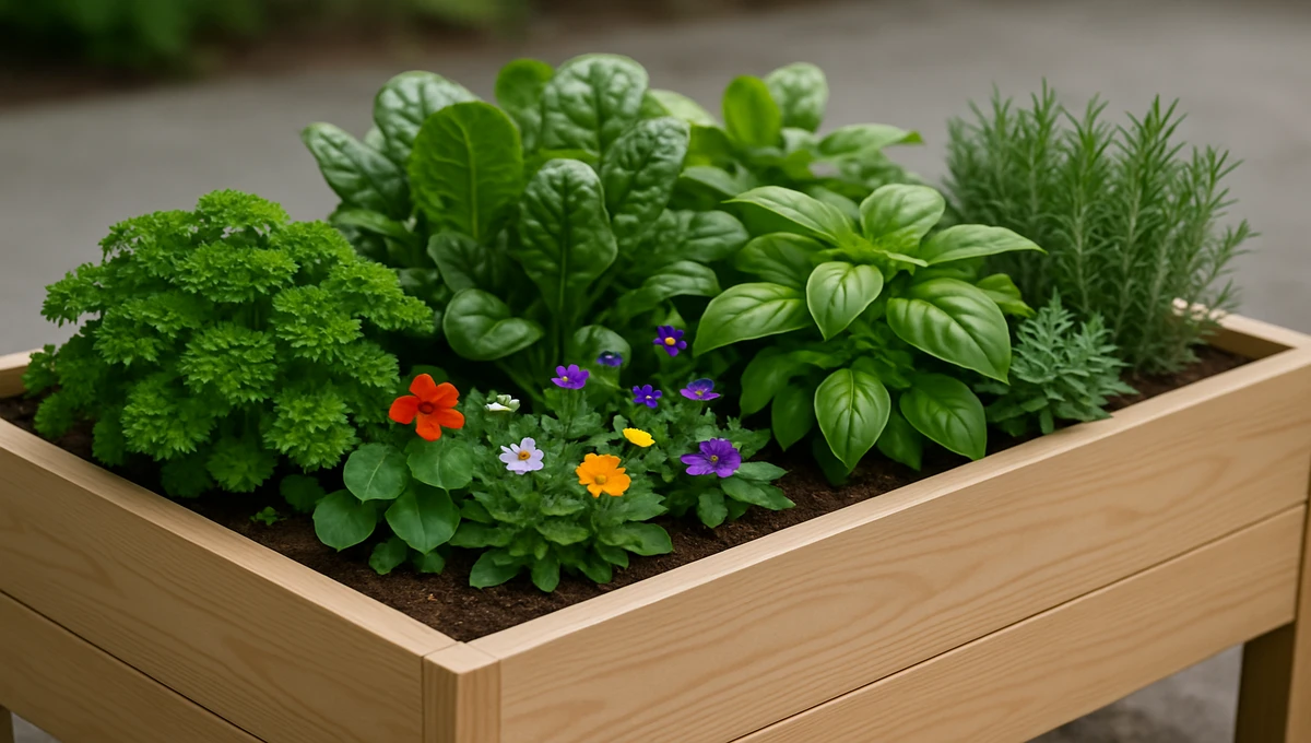 A small, manageable raised garden bed filled with lush greens and colorful flowers.