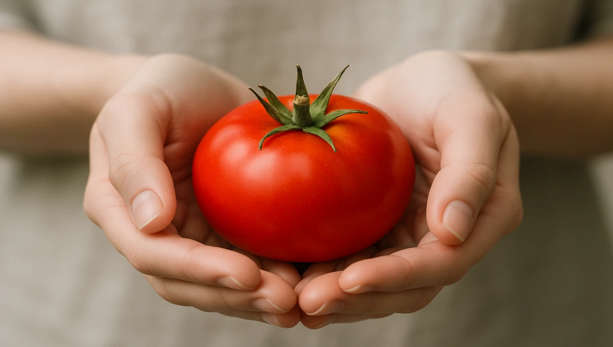 A person’s hands gently cupping a vibrant, ripe tomato freshly picked from the vine.