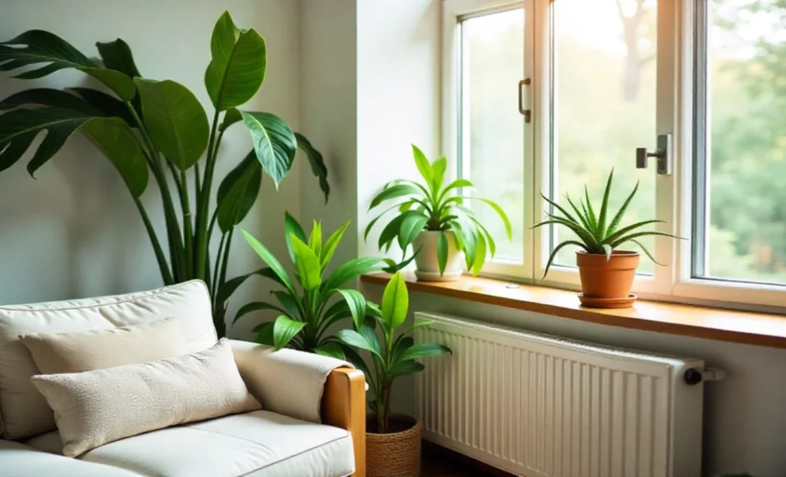 Indoor plants purify air in modern living room with snake plant aloe vera and pothos creating healthy home environment