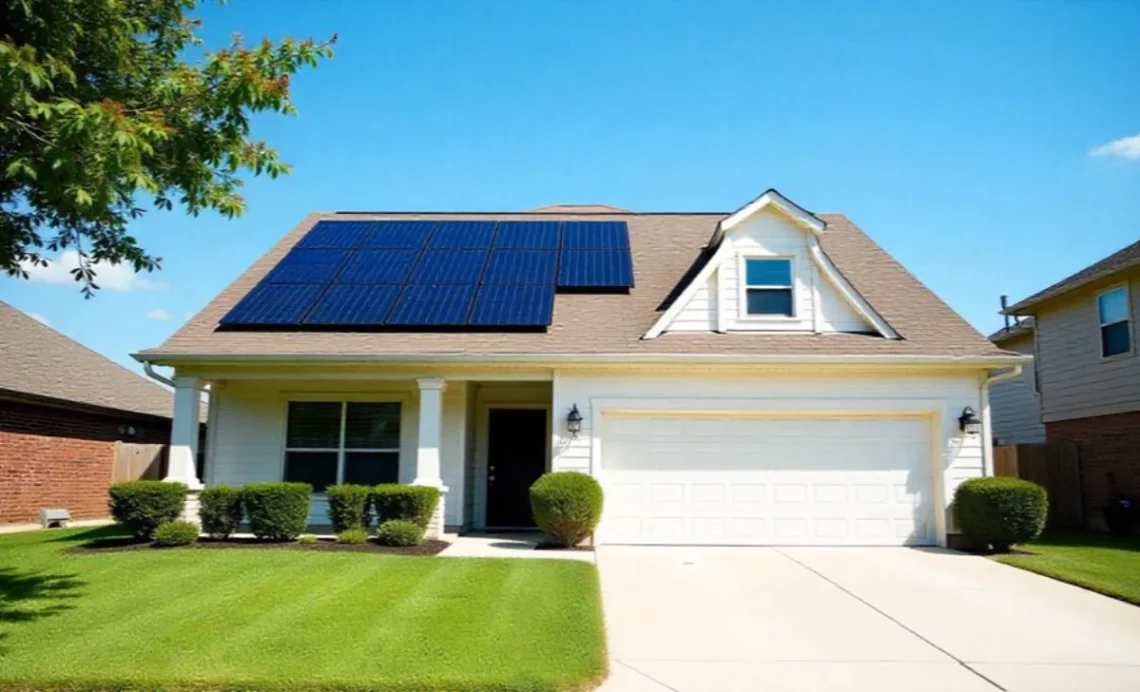 Solar panels installed on residential Houston home roof reducing energy bills with renewable power