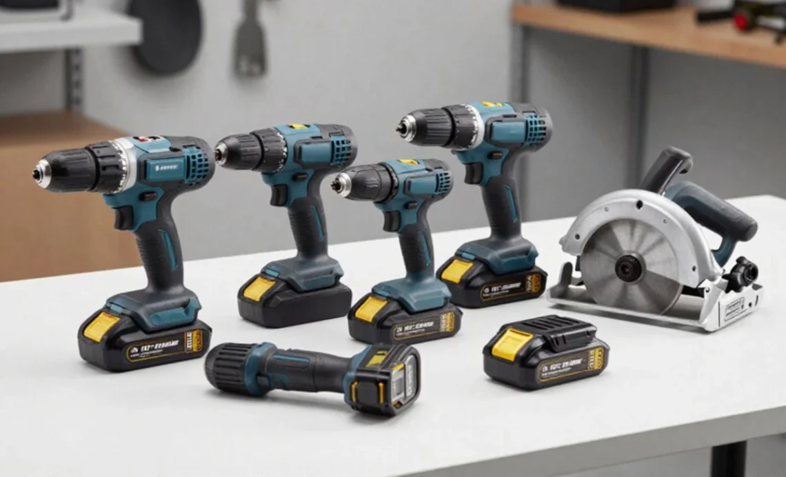 Collection of cordless power tools including drill and saw with rechargeable lithium-ion battery packs on workbench