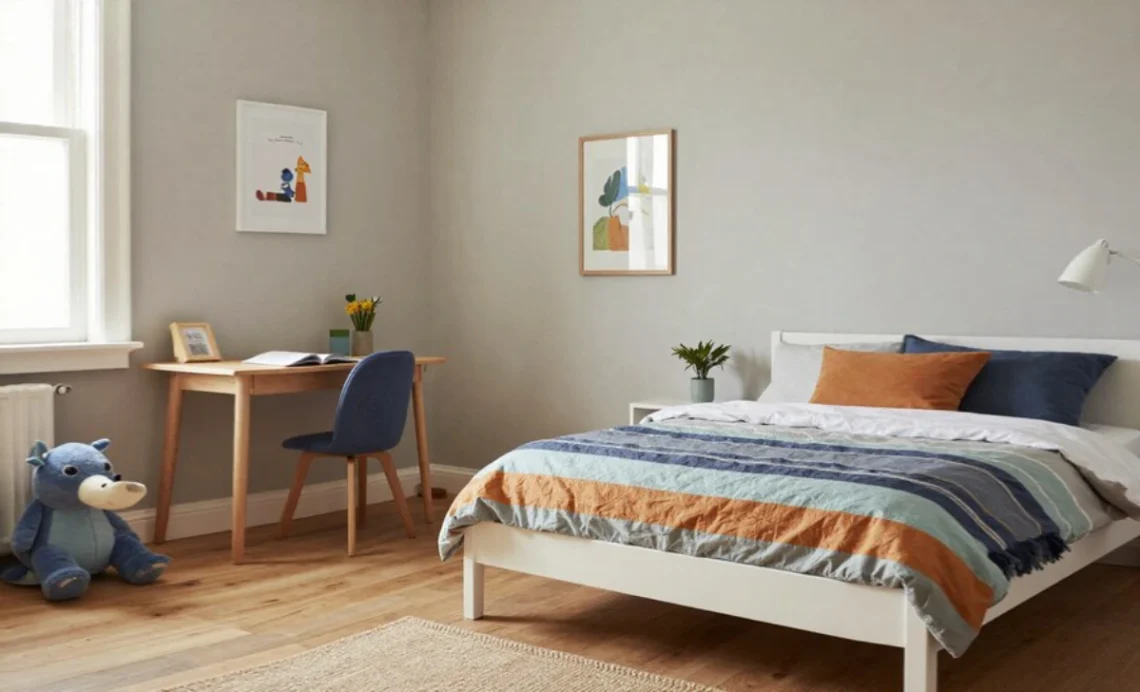 Kids Bedroom Design Ideas: Creating a Functional Space That Grows With Your Child 1 Kids bedroom design with white furniture, colorful bedding, wooden flooring, open shelving, study desk, and organized storage solutions