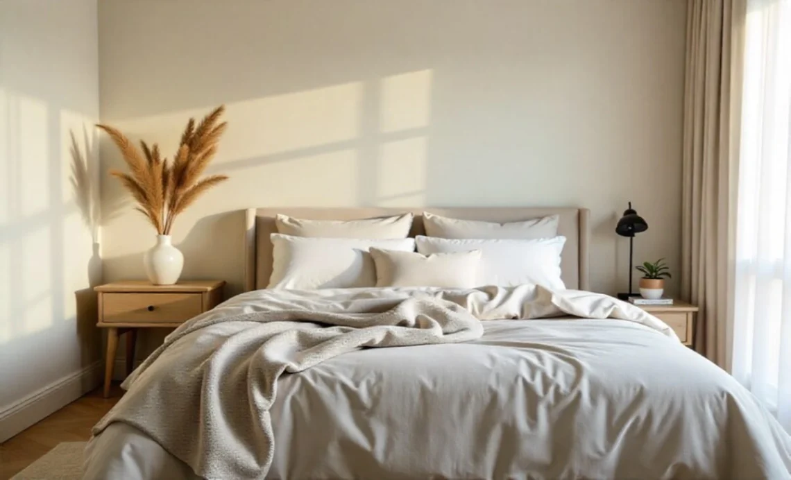 Bedroom decorating ideas showing modern minimalist design with cozy bedding, neutral colors, and stylish furniture arrangement
