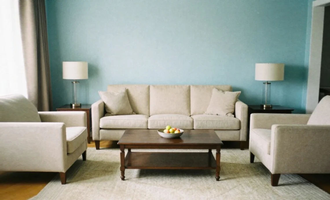 Living room with carefully chosen furniture showing sofa, chairs, and proper spacing for home decoration
