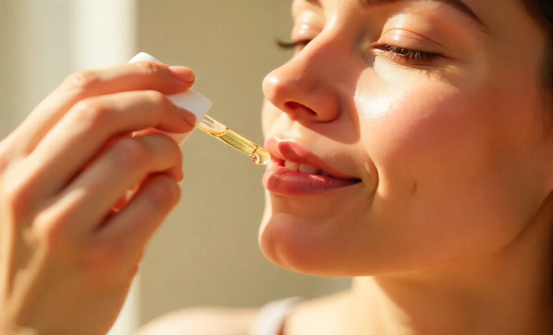 Woman applying vitamin C serum to face showing skincare benefits for even skin tone and brightness