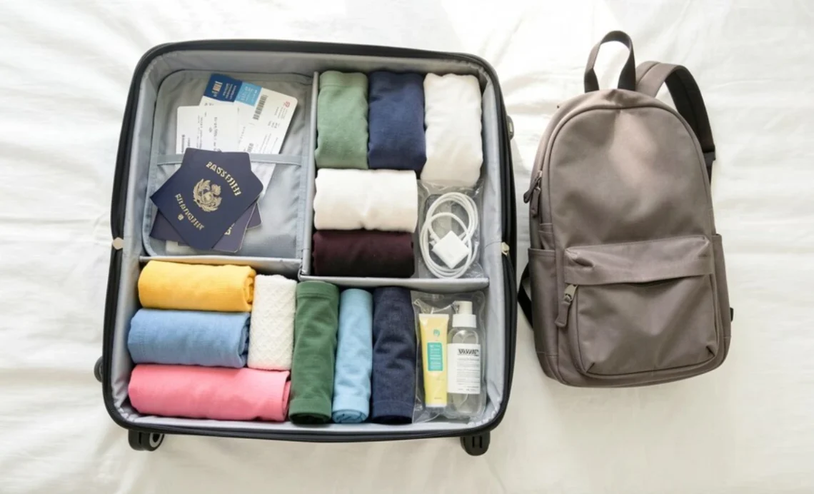 Woman packing for an international flight with rolled clothes and organized suitcase on bed