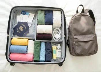 Woman packing for an international flight with rolled clothes and organized suitcase on bed