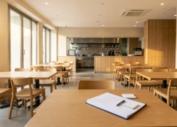 Restaurant dining area with an insurance policy document on a table representing restaurant business insurance coverage