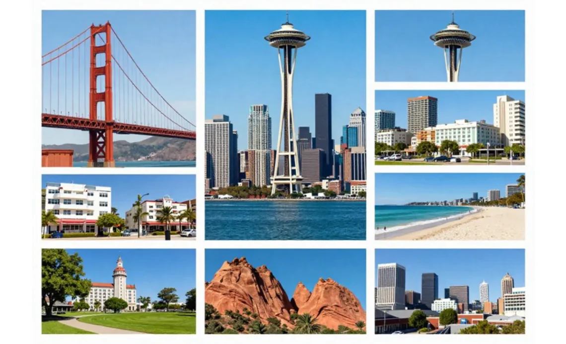 Collage of US cities to visit featuring San Francisco Golden Gate Bridge, Seattle Space Needle, Chicago skyline, and Miami beaches