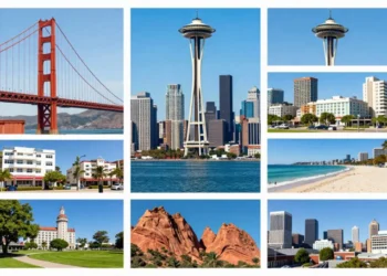 Collage of US cities to visit featuring San Francisco Golden Gate Bridge, Seattle Space Needle, Chicago skyline, and Miami beaches