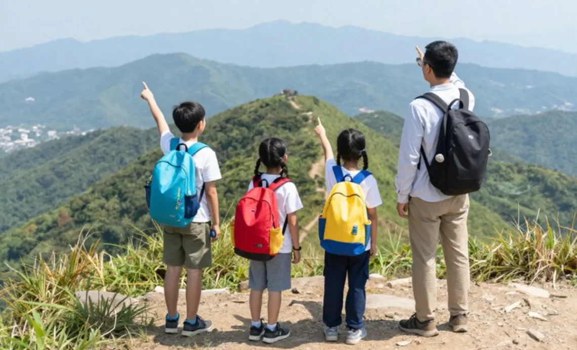 Family Vacation hiking adventure with kids enjoying outdoor activities on mountain trail without phones