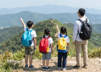 Family Vacation hiking adventure with kids enjoying outdoor activities on mountain trail without phones