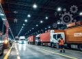 Modern logistics hub with trucks, containers, and workers managing shipments efficiently, representing strategies to boost logistics business.