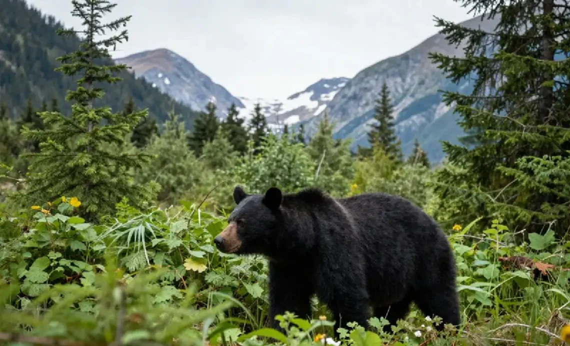 Black Bear Viewing in forest during Whistler bear viewing tour in British Columbia mountains