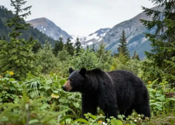 Black Bear Viewing in forest during Whistler bear viewing tour in British Columbia mountains