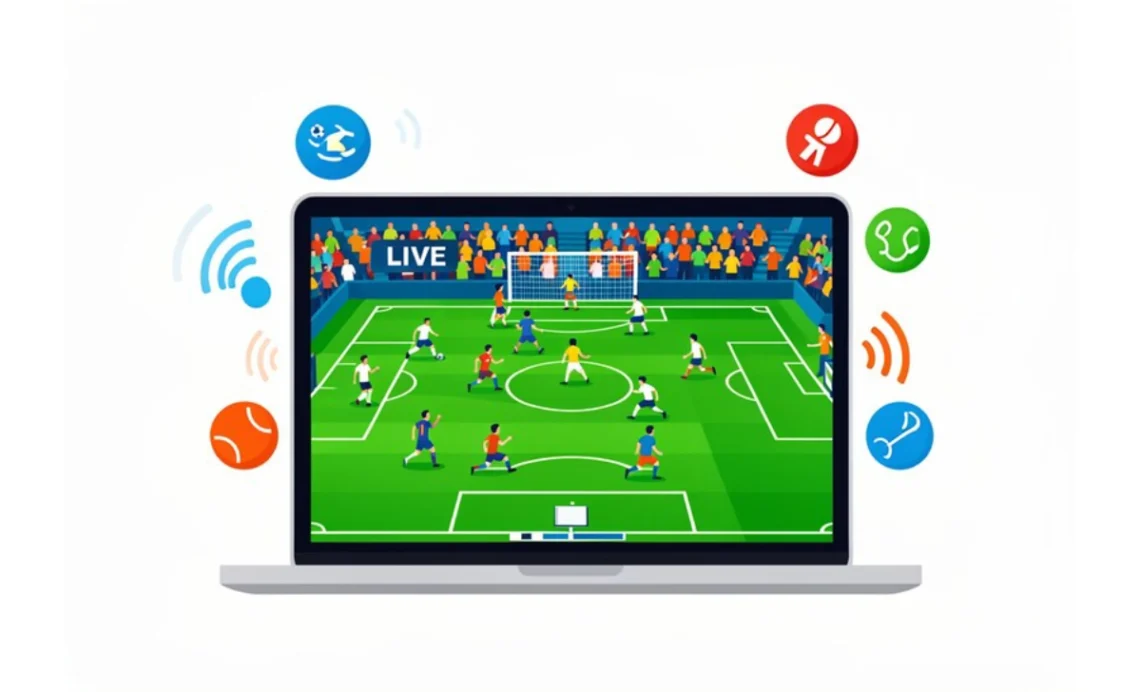 Stream2Watch free sports streaming on laptop showing live football match with basketball and baseball icons