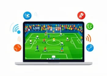 Stream2Watch free sports streaming on laptop showing live football match with basketball and baseball icons