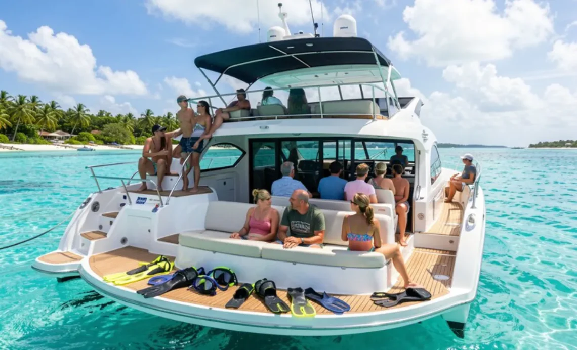 Boat tours Grand Cayman with tourists on deck viewing clear turquoise Caribbean waters and coral reefs