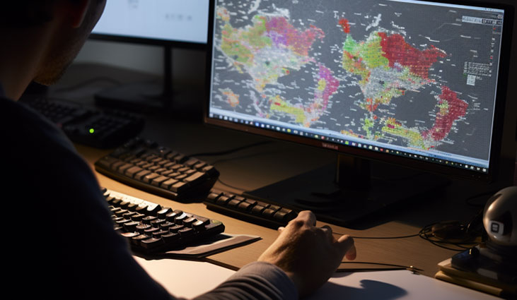 A person sitting at a desk looking at a map chart on a desktop computer screen.