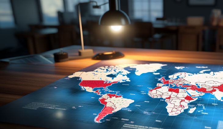 A red, white, and blue map sitting on a desk under the glow of a task light.