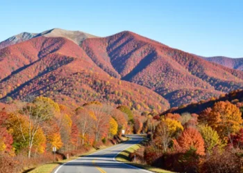 Fall foliage New England mountains with colorful trees along scenic road in autumn