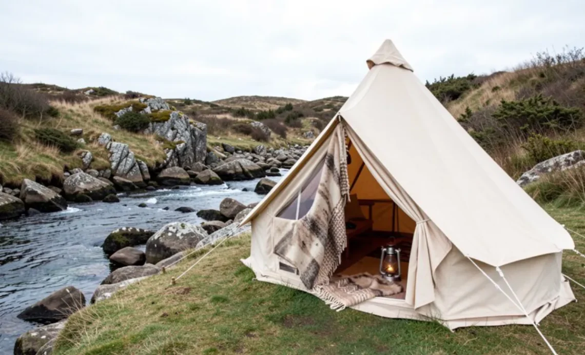 A bell tent pitched near a stream in a green countryside campsite, one of the best Places to Pitch a Bell Tent in the UK