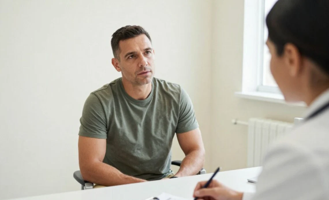 VA Disability Rating for Erectile Dysfunction: Evidence and Claims Guide 1 Veteran meeting with doctor about erectile dysfunction VA disability rating and medical evidence for service-connected claim