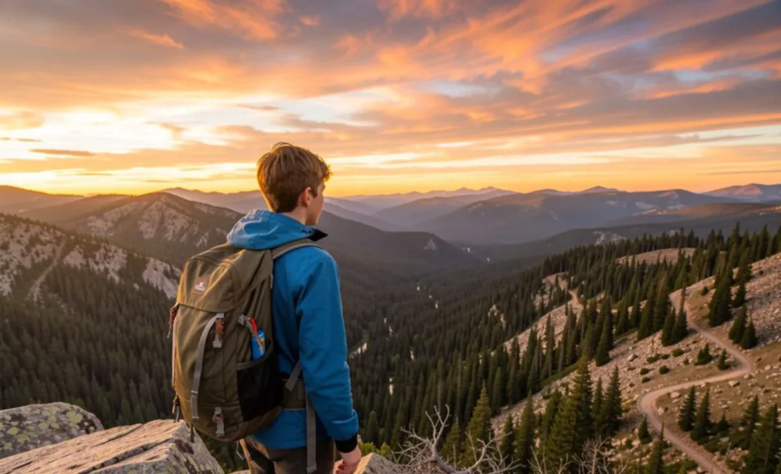 Backpacker hiking across America on mountain trail with large backpack overlooking vast wilderness landscape and forests