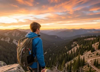 Backpacker hiking across America on mountain trail with large backpack overlooking vast wilderness landscape and forests