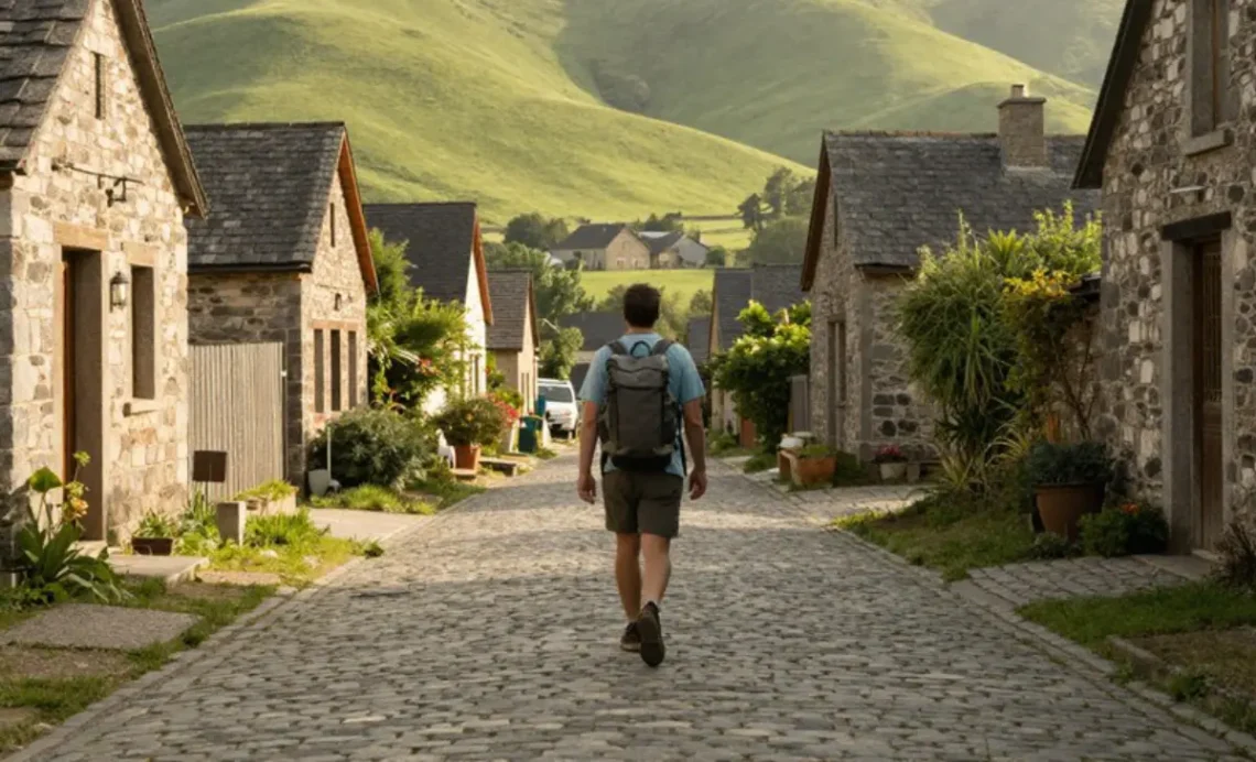 Solo traveler walking a quiet cobblestone path in a small historic village during off the beaten path travel