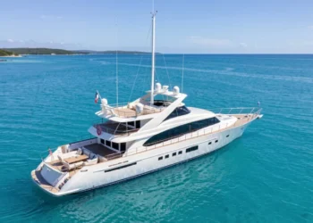 Sailing holidays on luxury yacht in calm ocean waters with white sails and blue sky