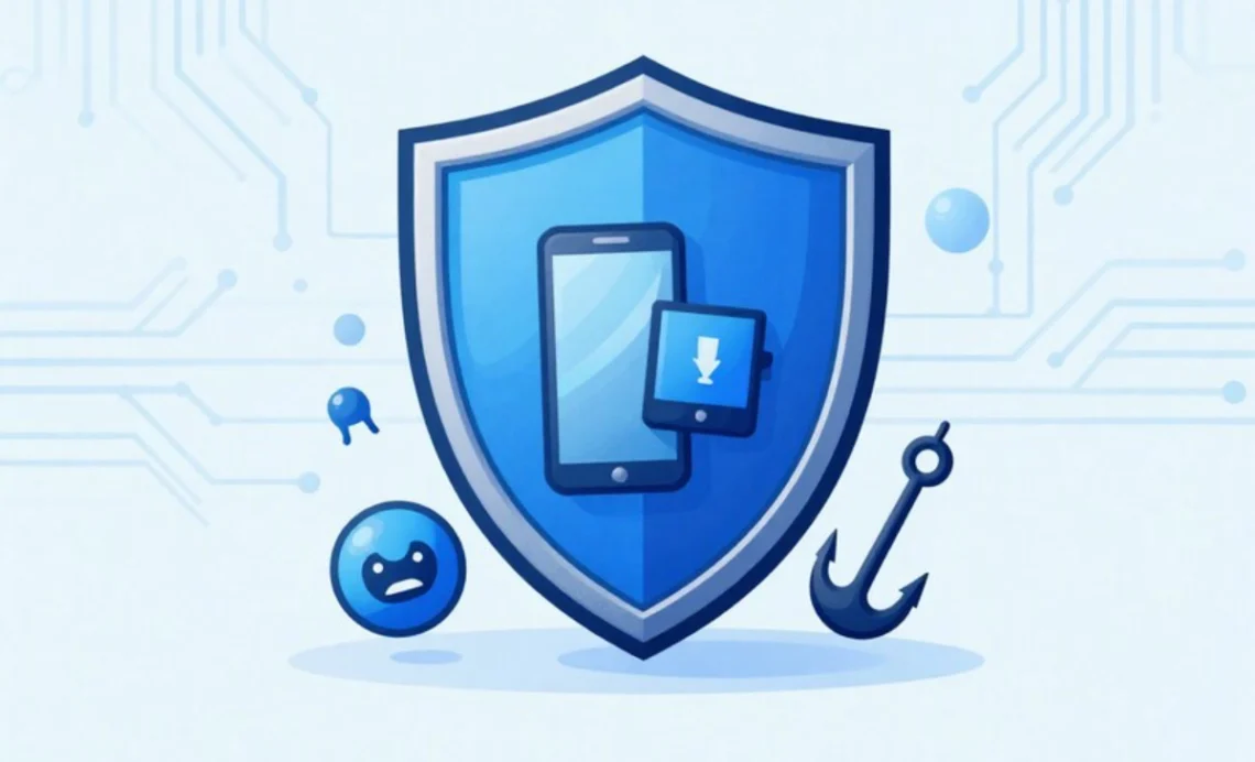 Cybersecurity protection shield guarding personal devices from cyber threats and phishing attacks illustration