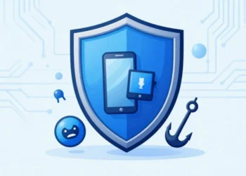 Cybersecurity protection shield guarding personal devices from cyber threats and phishing attacks illustration