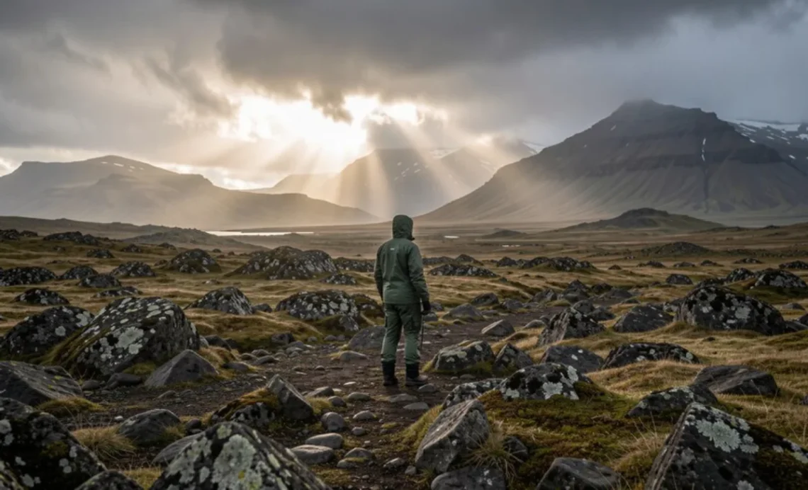 Traveler prepared for Iceland weather changes with layered clothing on rocky landscape under dramatic stormy skies