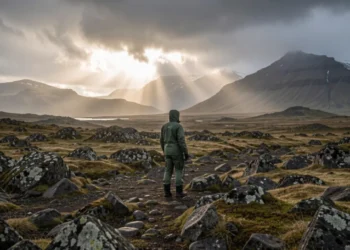Traveler prepared for Iceland weather changes with layered clothing on rocky landscape under dramatic stormy skies