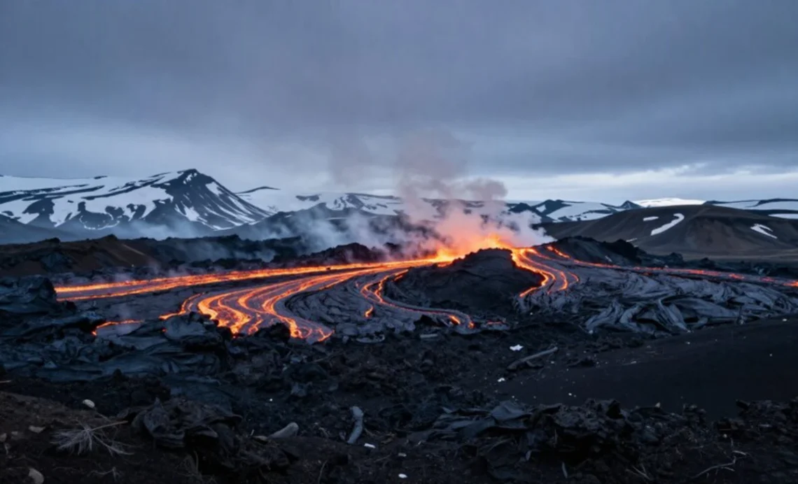 Iceland Volcano with lava flows and steam rising from active crater in volcanic landscape