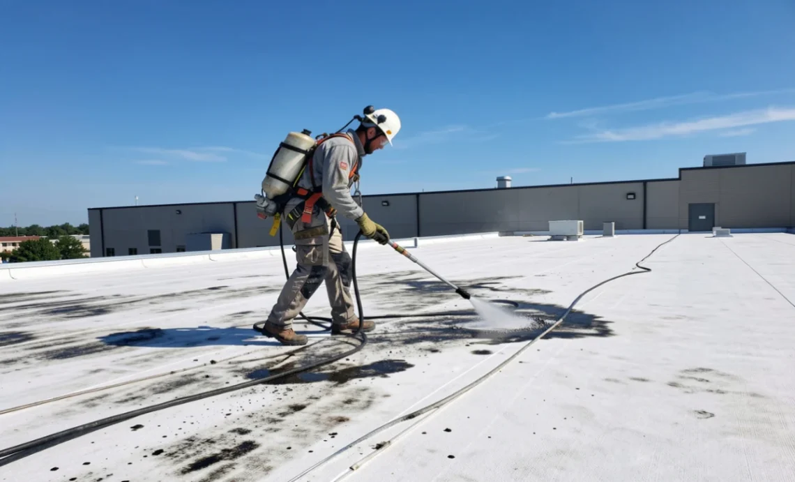 Professional worker performing commercial roof cleaning on flat building roof removing dirt and debris