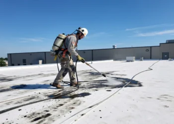 Professional worker performing commercial roof cleaning on flat building roof removing dirt and debris