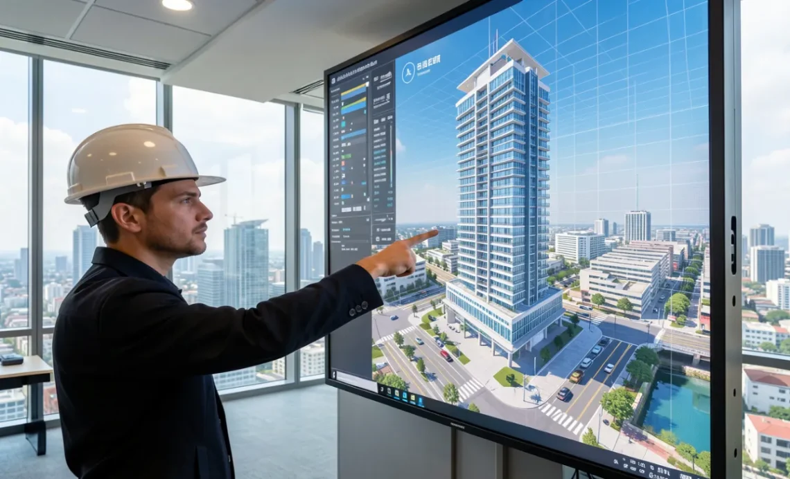 A structural engineer reviewing a 3D BIM model on a digital screen in a modern engineering office