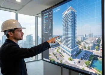 A structural engineer reviewing a 3D BIM model on a digital screen in a modern engineering office