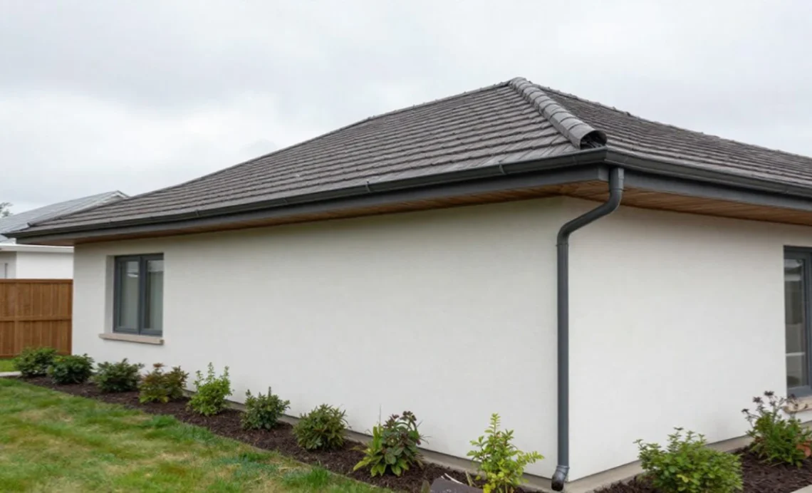 Gutter systems installed on home roof protecting foundation from rainwater damage