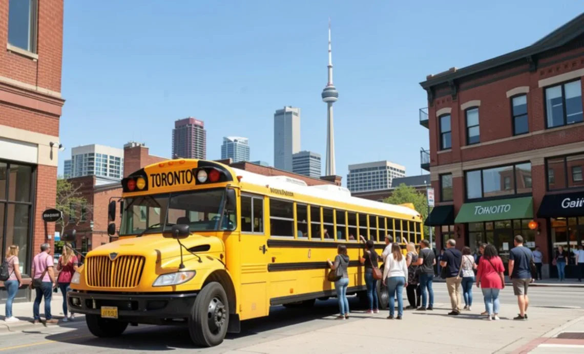 Yellow School Bus Rentals Toronto with group of passengers boarding for organized group travel transportation