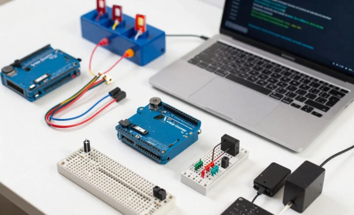 Arduino kit for beginners showing Uno board with breadboard LEDs sensors and jumper wires on desk