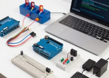 Arduino kit for beginners showing Uno board with breadboard LEDs sensors and jumper wires on desk